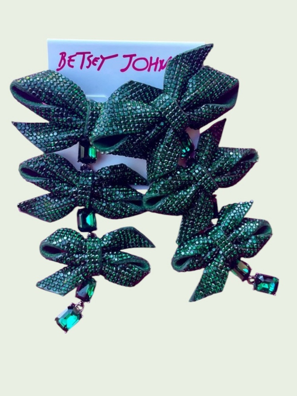 BETSEY JOHNSON Christmas Linear Graduated Green Bow Earrings w Pavé Crystals NWT